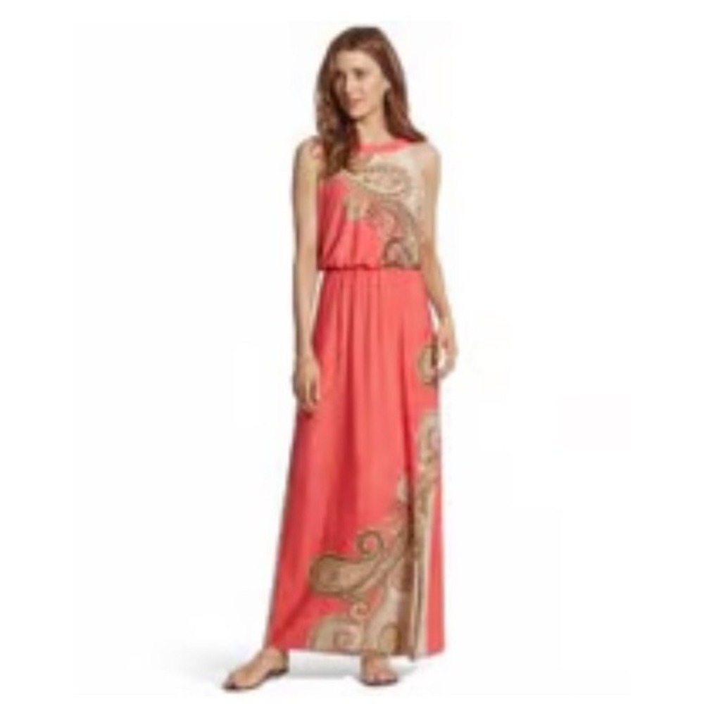 Chico's Contrast Paisley Hope Blouson Sleeveless Coral Maxi Dress Size 2 L - Picture 13 of 13